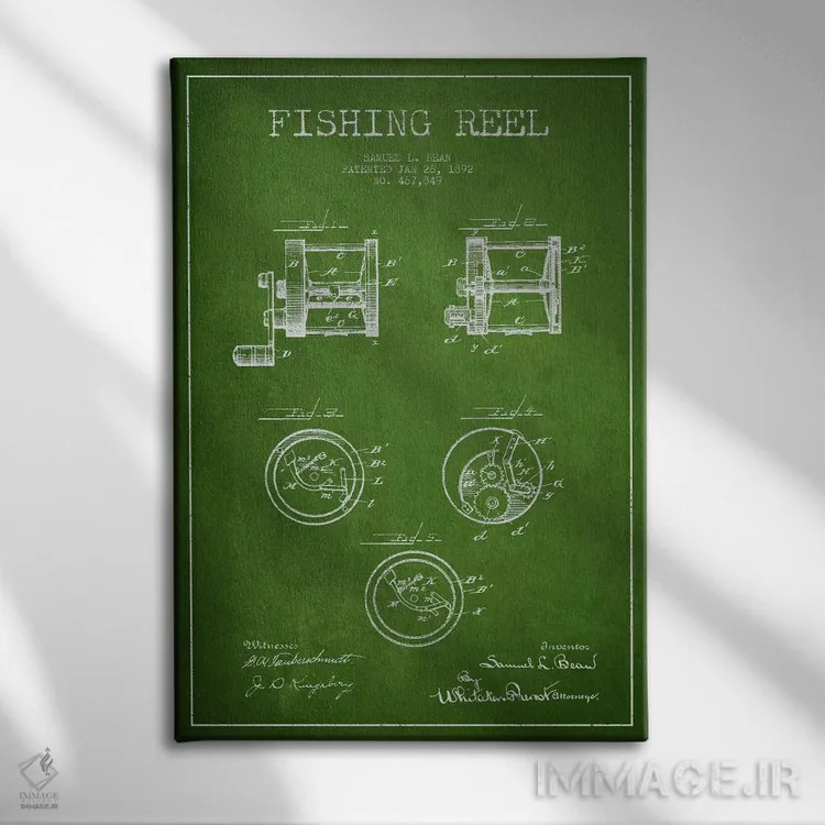 تابلو نقشهٔ حقامتیاز قرقره ماهیگیری سبز اثر پیکسل کهنه (استودیو/نام هنری) - نمای روبهرو روی دیوار