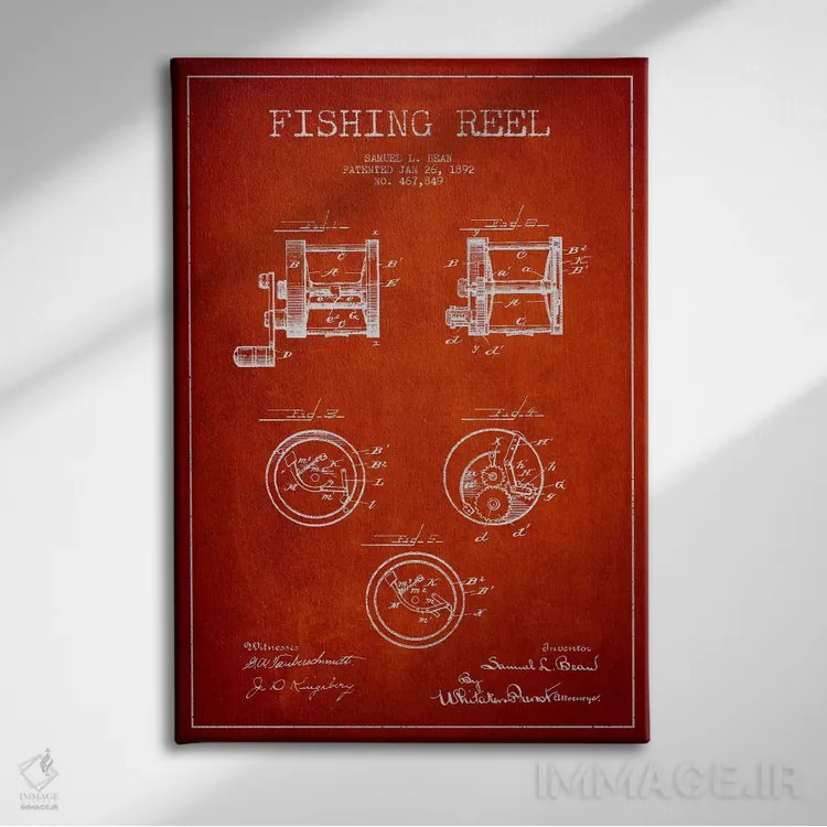 تابلو نقشهٔ حقامتیاز قرقره ماهیگیری قرمز اثر پیکسل کهنه (استودیو/نام هنری) - نمای روبهرو روی دیوار