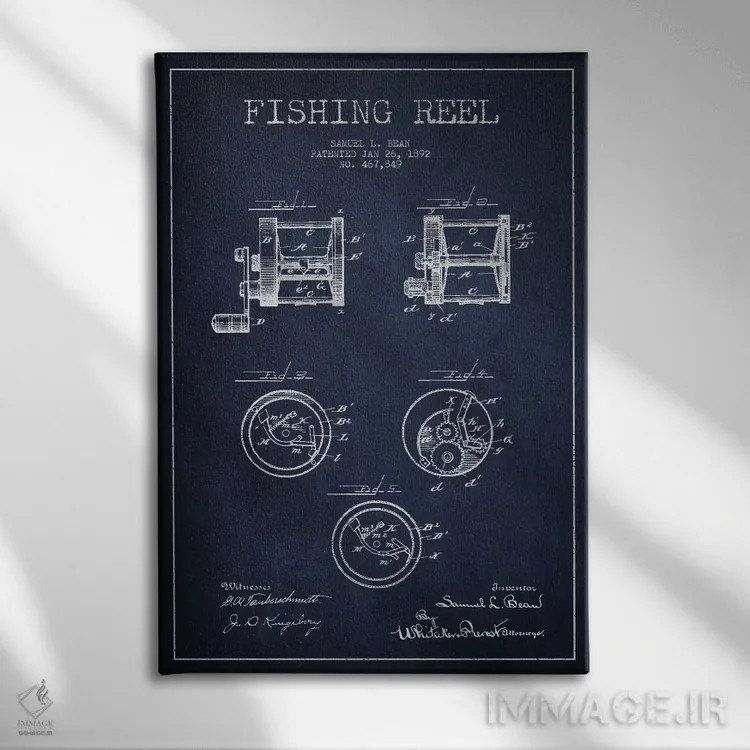 تابلو نقشهٔ حقامتیاز قرقره ماهیگیری سرمهای اثر پیکسل کهنه (استودیو/نام هنری) - نمای روبهرو روی دیوار