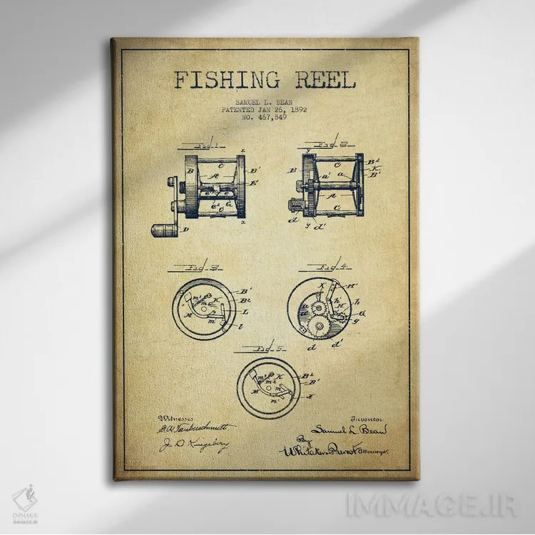 تابلو نقشهٔ حقامتیاز قرقره ماهیگیری کلاسیک اثر پیکسل کهنه (استودیو/نام هنری) - نمای روبهرو روی دیوار