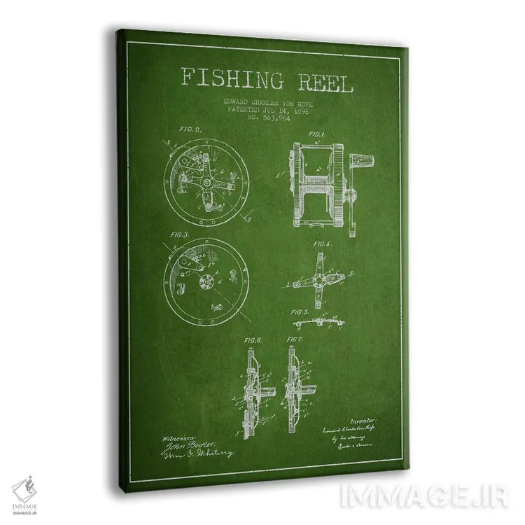 تابلو نقشهٔ حقامتیاز قرقره ماهیگیری سبز اثر پیکسل کهنه (استودیو/نام هنری) - نمای پرسپکتیو محصول