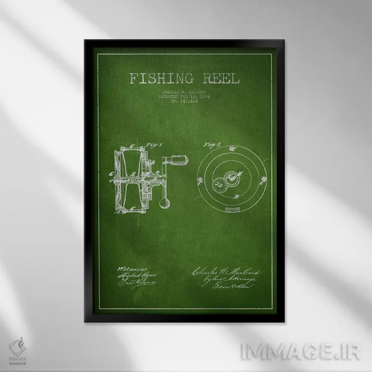 تابلو نقشهٔ پتنت چرخ ماهیگیری (سبز) اثر پیکسل کهنه (استودیو/نام هنری) - نمای قابدار مشکی