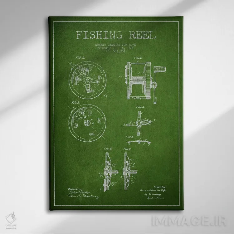 تابلو نقشهٔ حقامتیاز قرقره ماهیگیری سبز اثر پیکسل کهنه (استودیو/نام هنری) - نمای روبهرو روی دیوار