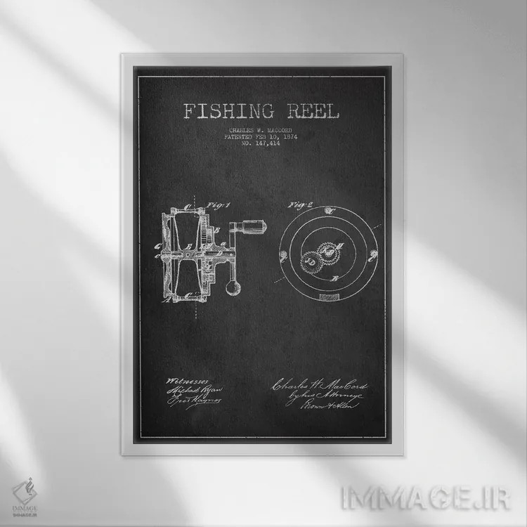 تابلو نقشهٔ پتنت چرخ ماهیگیری (تیره) اثر پیکسل کهنه (استودیو/نام هنری) - نمای قابدار سفید