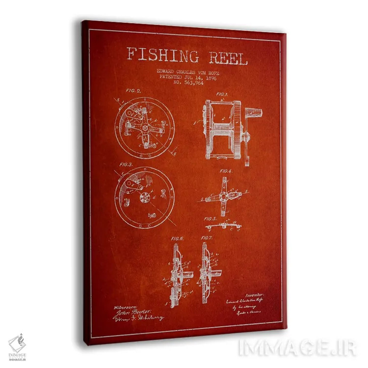 تابلو نقشهٔ حقامتیاز قرقره ماهیگیری قرمز اثر پیکسل کهنه (استودیو/نام هنری) - نمای پرسپکتیو محصول