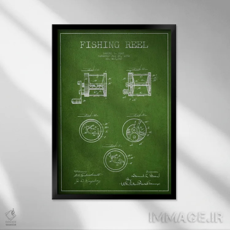 تابلو نقشهٔ حقامتیاز قرقره ماهیگیری سبز اثر پیکسل کهنه (استودیو/نام هنری) - نمای قابدار مشکی