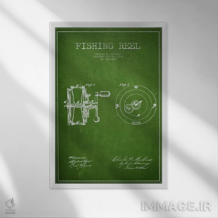 تابلو نقشهٔ پتنت چرخ ماهیگیری (سبز) اثر پیکسل کهنه (استودیو/نام هنری) - نمای قابدار سفید