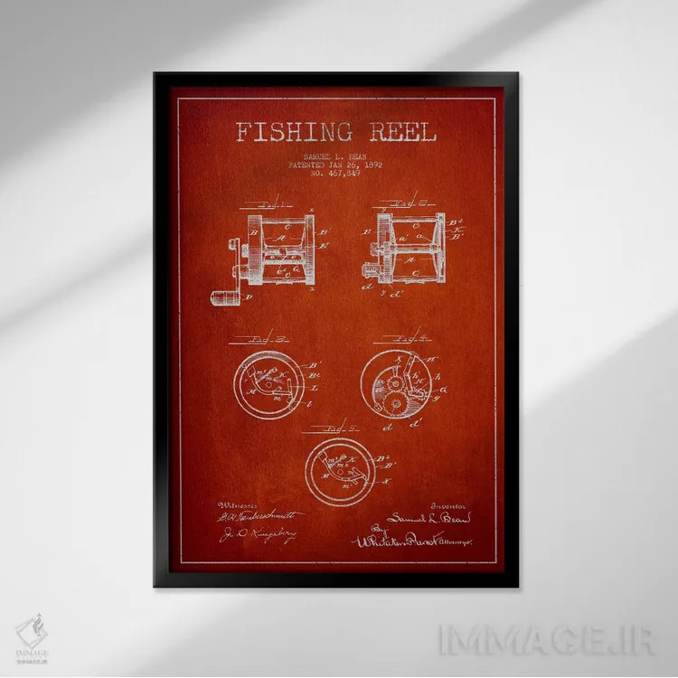 تابلو نقشهٔ حقامتیاز قرقره ماهیگیری قرمز اثر پیکسل کهنه (استودیو/نام هنری) - نمای قابدار مشکی