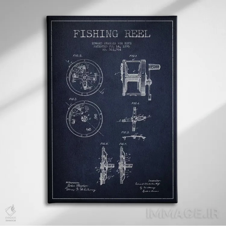 تابلو نقشهٔ حقامتیاز قرقره ماهیگیری سرمهای اثر پیکسل کهنه (استودیو/نام هنری) - نمای روبهرو روی دیوار