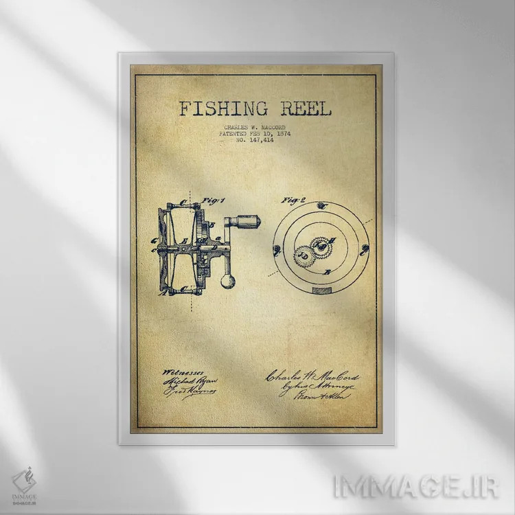 تابلو نقشهٔ حقامتیاز قرقره ماهیگیری کلاسیک اثر پیکسل کهنه (استودیو/نام هنری) - نمای قابدار سفید