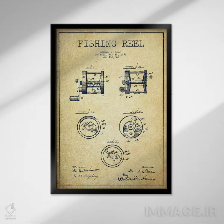 تابلو نقشهٔ حقامتیاز قرقره ماهیگیری کلاسیک اثر پیکسل کهنه (استودیو/نام هنری) - نمای قابدار مشکی