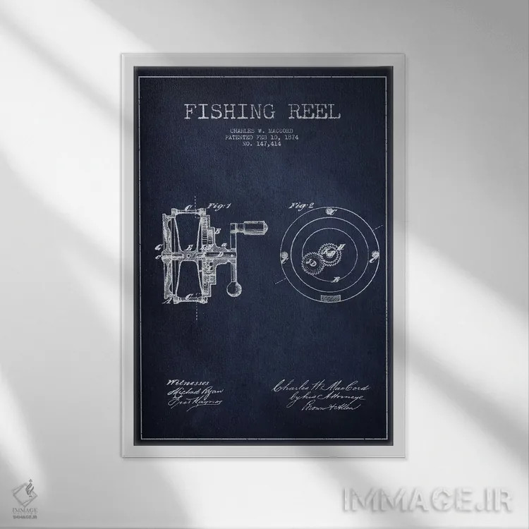 تابلو نقشهٔ پتنت چرخ ماهیگیری (آبی نفتی) اثر پیکسل کهنه (استودیو/نام هنری) - نمای قابدار سفید