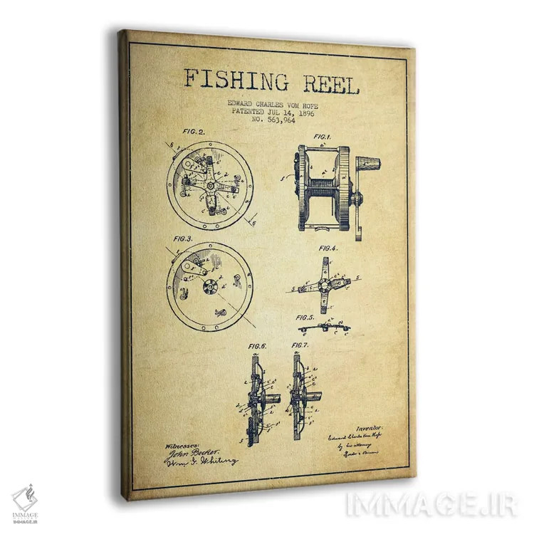 تابلو نقشهٔ حقامتیاز قرقره ماهیگیری کلاسیک اثر پیکسل کهنه (استودیو/نام هنری) - نمای پرسپکتیو محصول