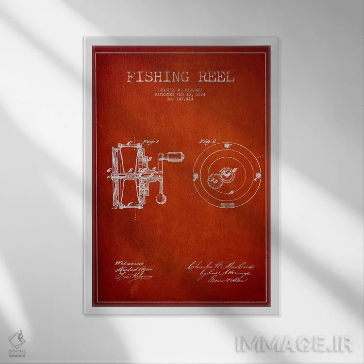 تابلو نقشهٔ حقامتیاز قرقره ماهیگیری قرمز اثر پیکسل کهنه (استودیو/نام هنری) - نمای قابدار سفید