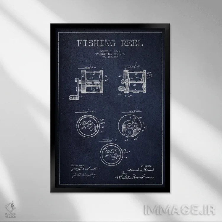 تابلو نقشهٔ حقامتیاز قرقره ماهیگیری سرمهای اثر پیکسل کهنه (استودیو/نام هنری) - نمای قابدار مشکی