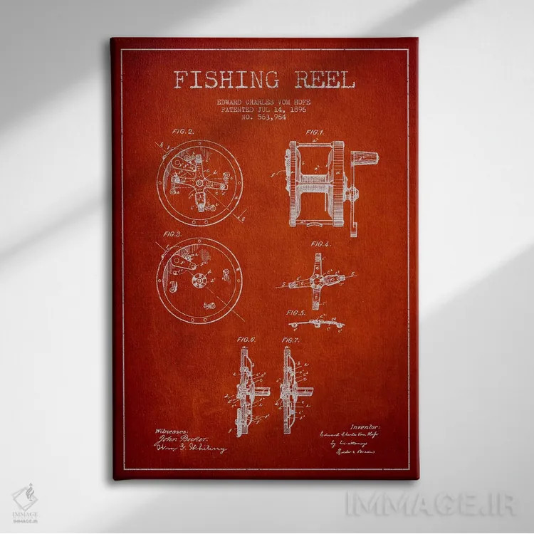 تابلو نقشهٔ حقامتیاز قرقره ماهیگیری قرمز اثر پیکسل کهنه (استودیو/نام هنری) - نمای روبهرو روی دیوار