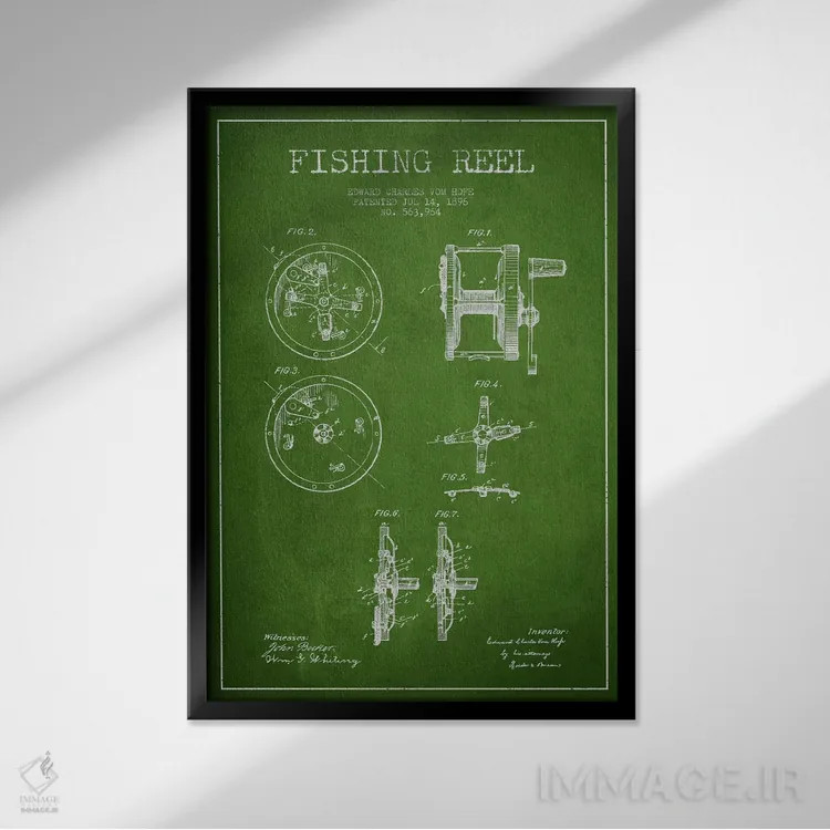 تابلو نقشهٔ حقامتیاز قرقره ماهیگیری سبز اثر پیکسل کهنه (استودیو/نام هنری) - نمای قابدار مشکی