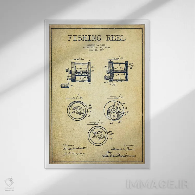 تابلو نقشهٔ حقامتیاز قرقره ماهیگیری کلاسیک اثر پیکسل کهنه (استودیو/نام هنری) - نمای قابدار سفید