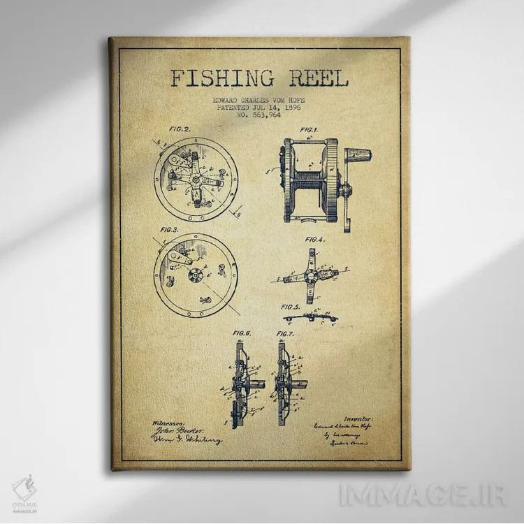 تابلو نقشهٔ حقامتیاز قرقره ماهیگیری کلاسیک اثر پیکسل کهنه (استودیو/نام هنری) - نمای روبهرو روی دیوار