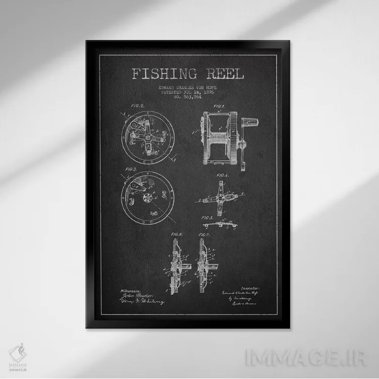 تابلو نقشهٔ حقامتیاز قرقره ماهیگیری تیره اثر پیکسل کهنه (استودیو/نام هنری) - نمای قابدار مشکی