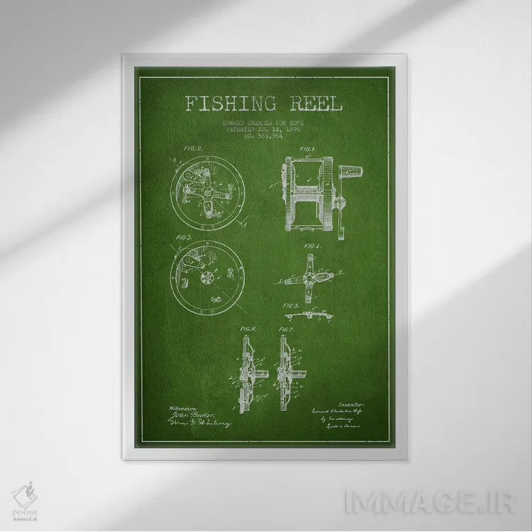 تابلو نقشهٔ حقامتیاز قرقره ماهیگیری سبز اثر پیکسل کهنه (استودیو/نام هنری) - نمای قابدار سفید