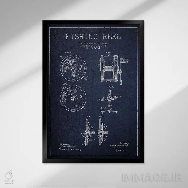 تابلو نقشهٔ حقامتیاز قرقره ماهیگیری سرمهای اثر پیکسل کهنه (استودیو/نام هنری) - نمای قابدار مشکی