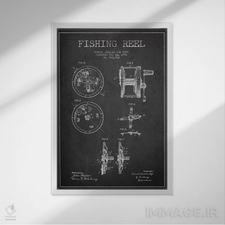 تابلو نقشهٔ حقامتیاز قرقره ماهیگیری تیره اثر پیکسل کهنه (استودیو/نام هنری) - نمای قابدار سفید