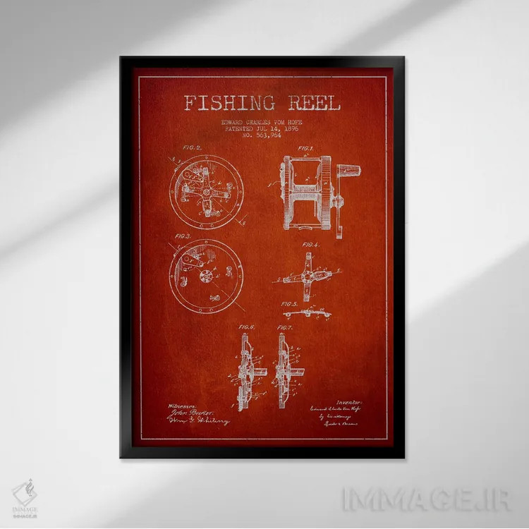 تابلو نقشهٔ حقامتیاز قرقره ماهیگیری قرمز اثر پیکسل کهنه (استودیو/نام هنری) - نمای قابدار مشکی