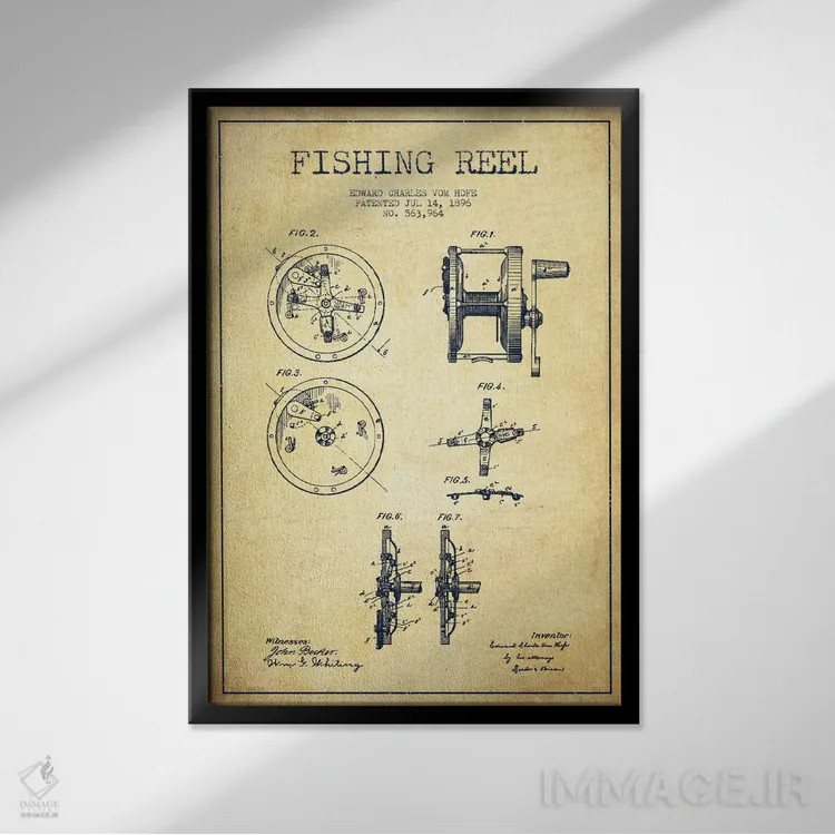 تابلو نقشهٔ حقامتیاز قرقره ماهیگیری کلاسیک اثر پیکسل کهنه (استودیو/نام هنری) - نمای قابدار مشکی