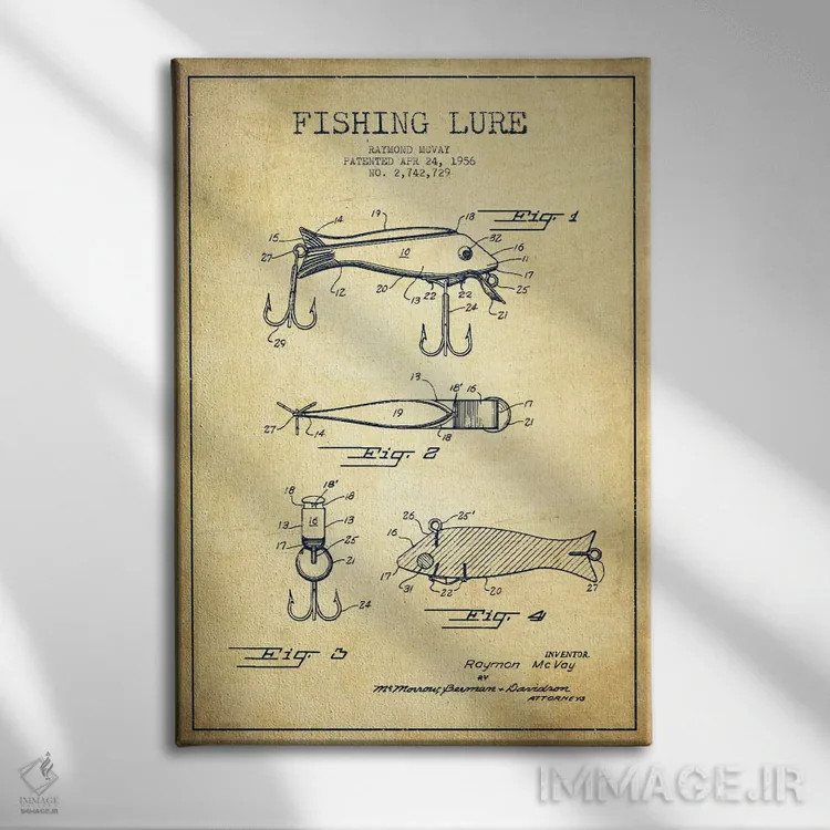 تابلو نقشهٔ حقامتیاز لوازم ماهیگیری کلاسیک اثر پیکسل کهنه (استودیو/نام هنری) - نمای روبهرو روی دیوار