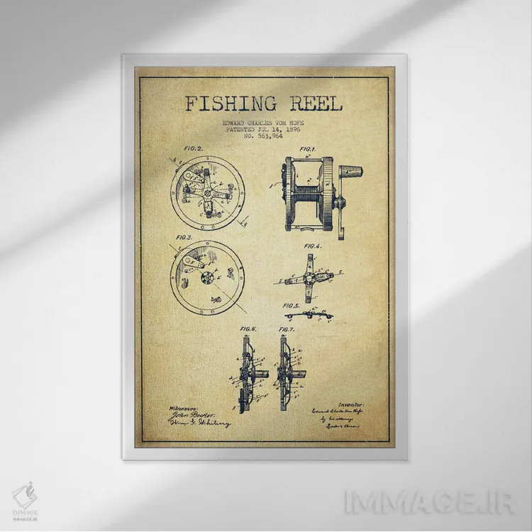 تابلو نقشهٔ حقامتیاز قرقره ماهیگیری کلاسیک اثر پیکسل کهنه (استودیو/نام هنری) - نمای قابدار سفید