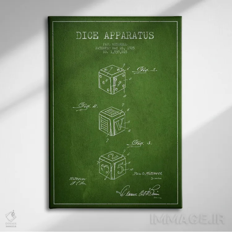 تابلو نقشهٔ حقامتیاز تاس سبز اثر پیکسل کهنه (استودیو/نام هنری) - نمای روبهرو روی دیوار