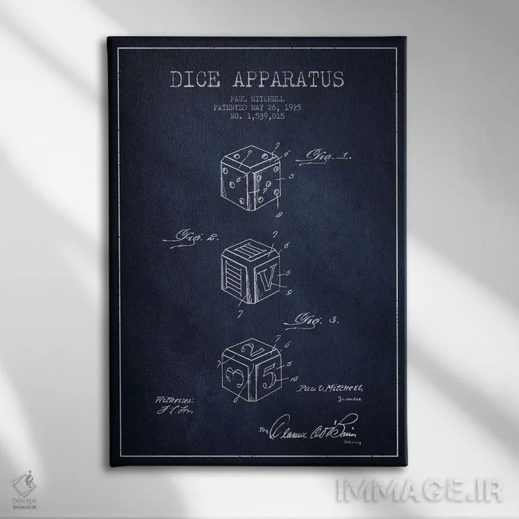 تابلو نقشهٔ حقامتیاز تاس سرمهای اثر پیکسل کهنه (استودیو/نام هنری) - نمای روبهرو روی دیوار