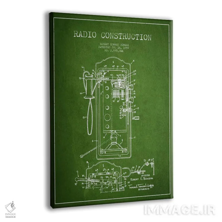 تابلو نقشهٔ ثبت اختراع رادیو باوِرز سبز اثر پیکسل کهنه (استودیو/نام هنری) - نمای پرسپکتیو محصول