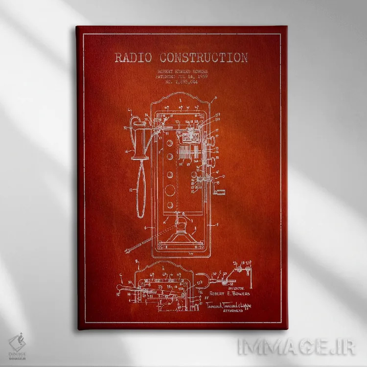 تابلو نقشهٔ ثبت اختراع رادیو باوِرز قرمز اثر پیکسل کهنه (استودیو/نام هنری) - نمای روبهرو روی دیوار