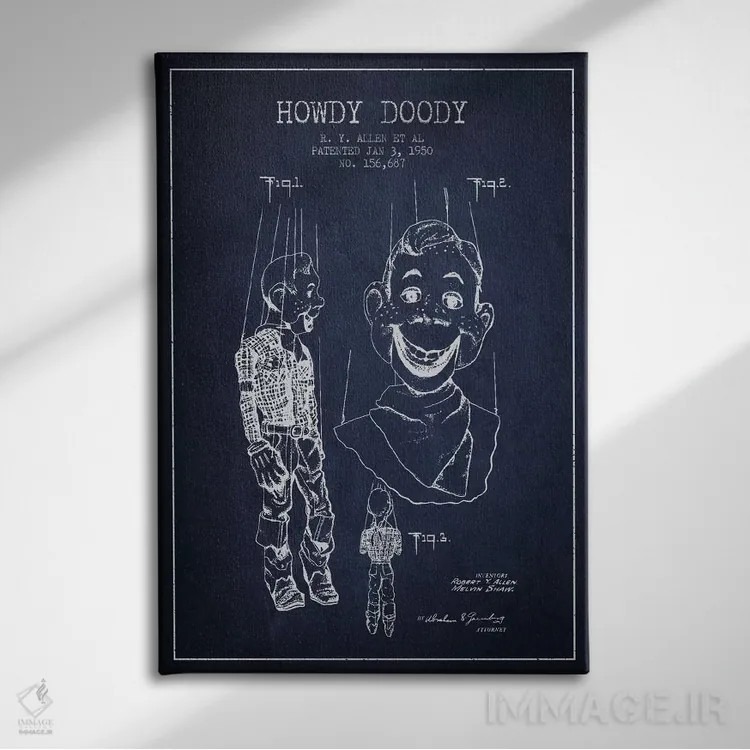 تابلو نقشهٔ ثبت اختراع هاودی دودی سرمهای اثر پیکسل کهنه (استودیو/نام هنری) - نمای روبهرو روی دیوار