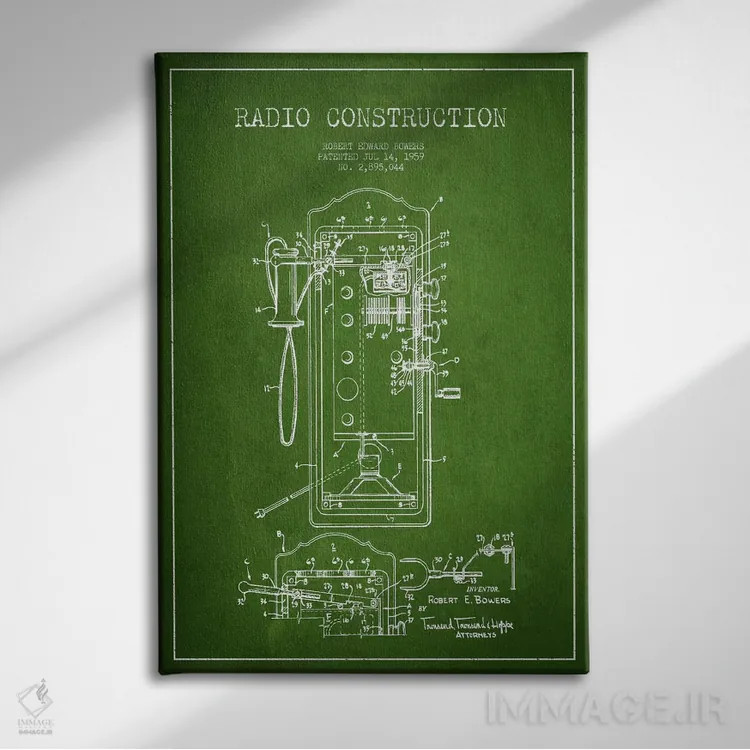 تابلو نقشهٔ ثبت اختراع رادیو باوِرز سبز اثر پیکسل کهنه (استودیو/نام هنری) - نمای روبهرو روی دیوار