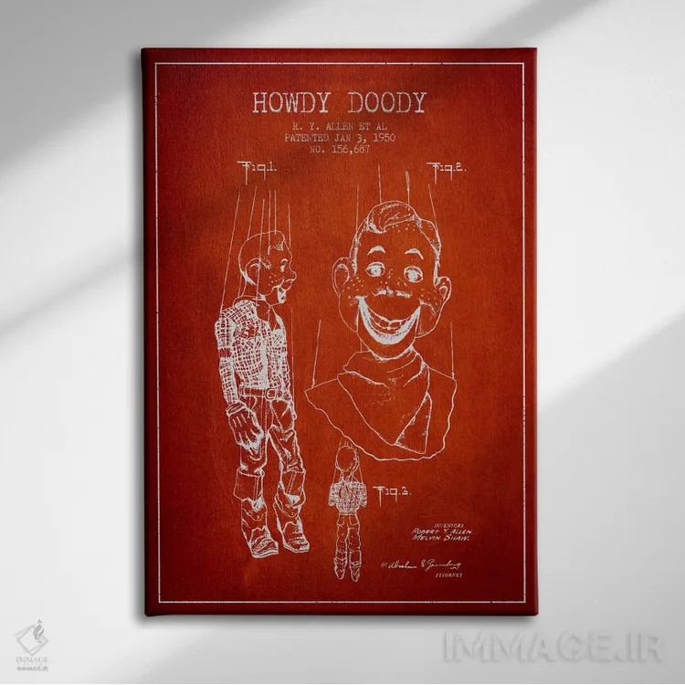 تابلو نقشهٔ ثبت اختراع هاودی دودی قرمز اثر پیکسل کهنه (استودیو/نام هنری) - نمای روبهرو روی دیوار