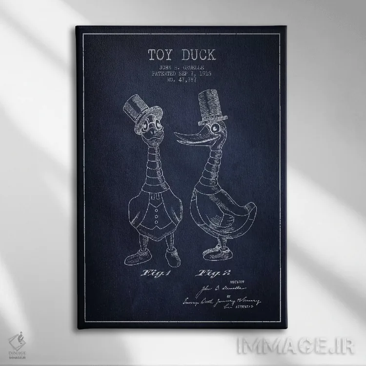 تابلو نقشهٔ ثبت اختراع اردک نر سرمهای اثر پیکسل کهنه (استودیو/نام هنری) - نمای روبهرو روی دیوار
