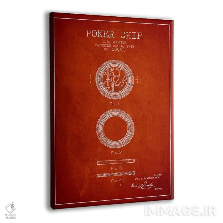 تابلو نقشهٔ ثبت اختراع چیپ پوکر ۲ قرمز اثر پیکسل کهنه (استودیو/نام هنری) - نمای پرسپکتیو محصول