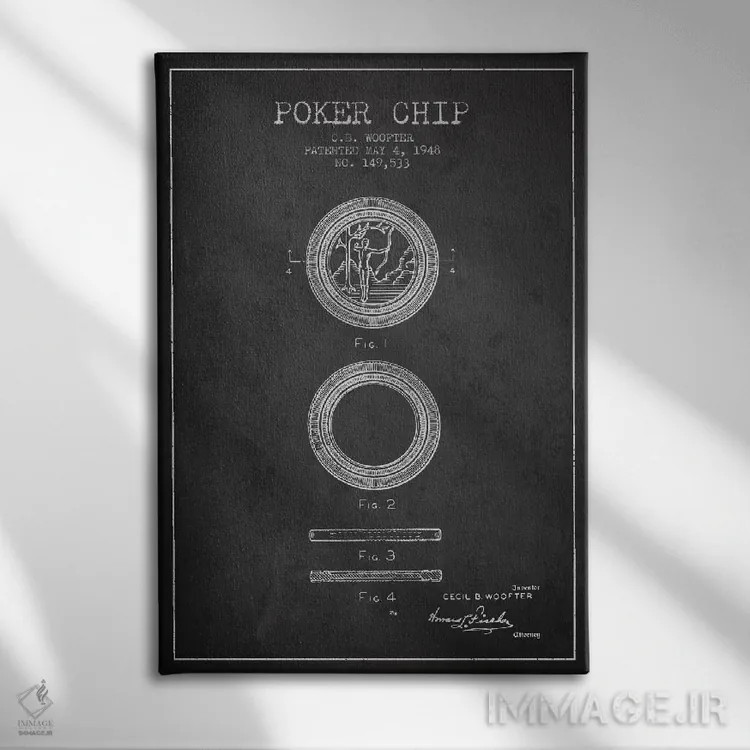 تابلو نقشهٔ ثبت اختراع چیپ پوکر ۲ ذغالی اثر پیکسل کهنه (استودیو/نام هنری) - نمای روبهرو روی دیوار