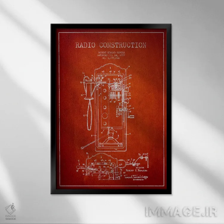 تابلو نقشهٔ ثبت اختراع رادیو باوِرز قرمز اثر پیکسل کهنه (استودیو/نام هنری) - نمای قابدار مشکی