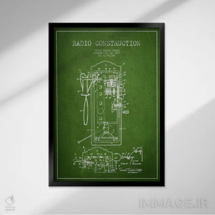تابلو نقشهٔ ثبت اختراع رادیو باوِرز سبز اثر پیکسل کهنه (استودیو/نام هنری) - نمای قابدار مشکی