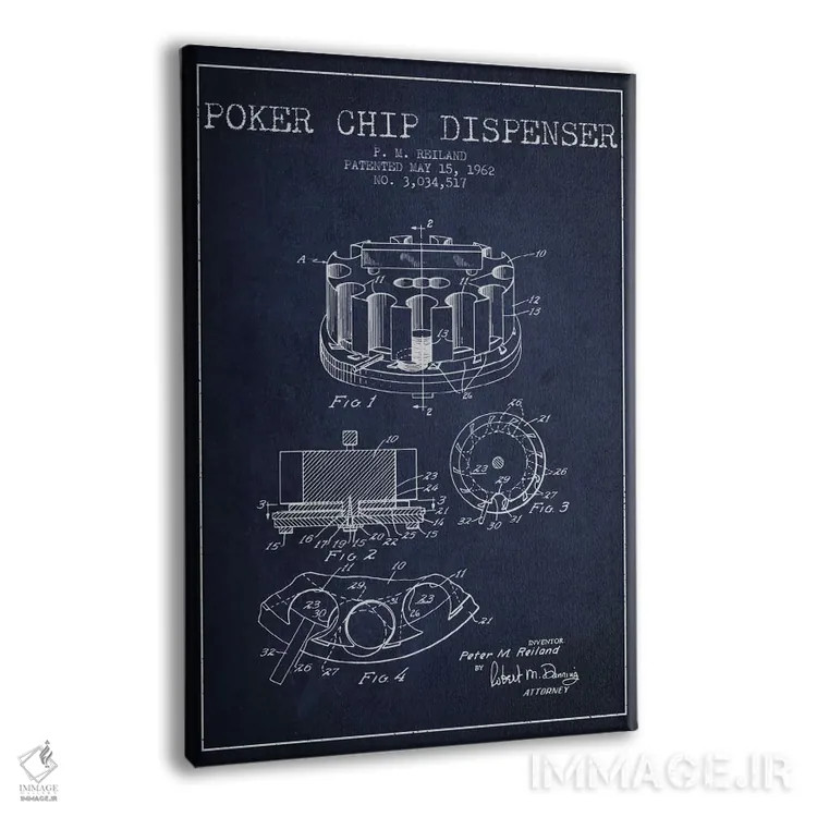 تابلو نقشهٔ ثبت اختراع ژتون پوکر ۳ (آبی تیره) اثر پیکسل کهنه (استودیو/نام هنری) - نمای پرسپکتیو محصول