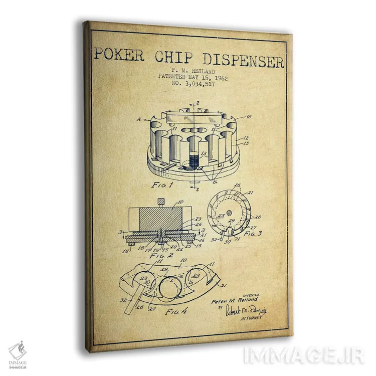 تابلو نقشهٔ ثبت اختراع ژتون پوکر ۳ (طرح قدیمی) اثر پیکسل کهنه (استودیو/نام هنری) - نمای پرسپکتیو محصول