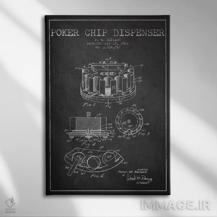 تابلو نقشهٔ ثبت اختراع ژتون پوکر ۳ (زغالی) اثر پیکسل کهنه (استودیو/نام هنری) - نمای روبهرو روی دیوار