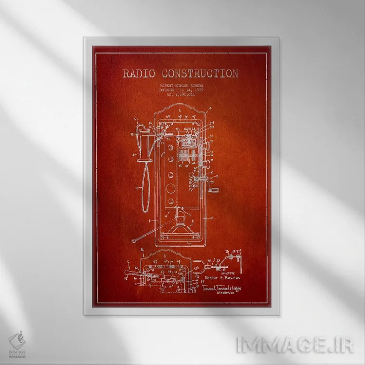تابلو نقشهٔ ثبت اختراع رادیو باوِرز قرمز اثر پیکسل کهنه (استودیو/نام هنری) - نمای قابدار سفید