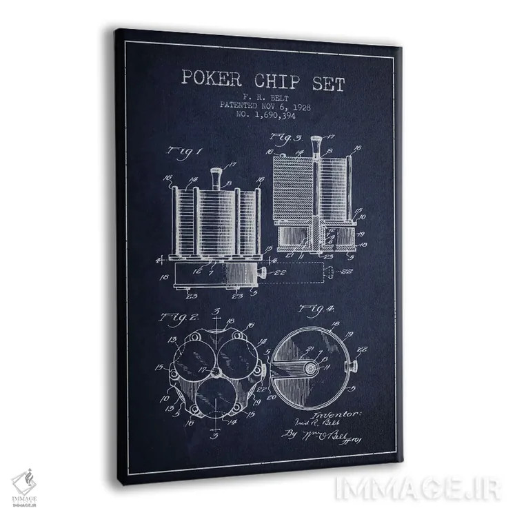 تابلو نقشهٔ ثبت اختراع ژتونهای پوکر ۱ (آبی تیره) اثر پیکسل کهنه (استودیو/نام هنری) - نمای پرسپکتیو محصول