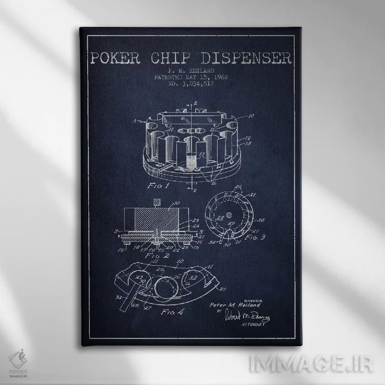 تابلو نقشهٔ ثبت اختراع ژتون پوکر ۳ (آبی تیره) اثر پیکسل کهنه (استودیو/نام هنری) - نمای روبهرو روی دیوار