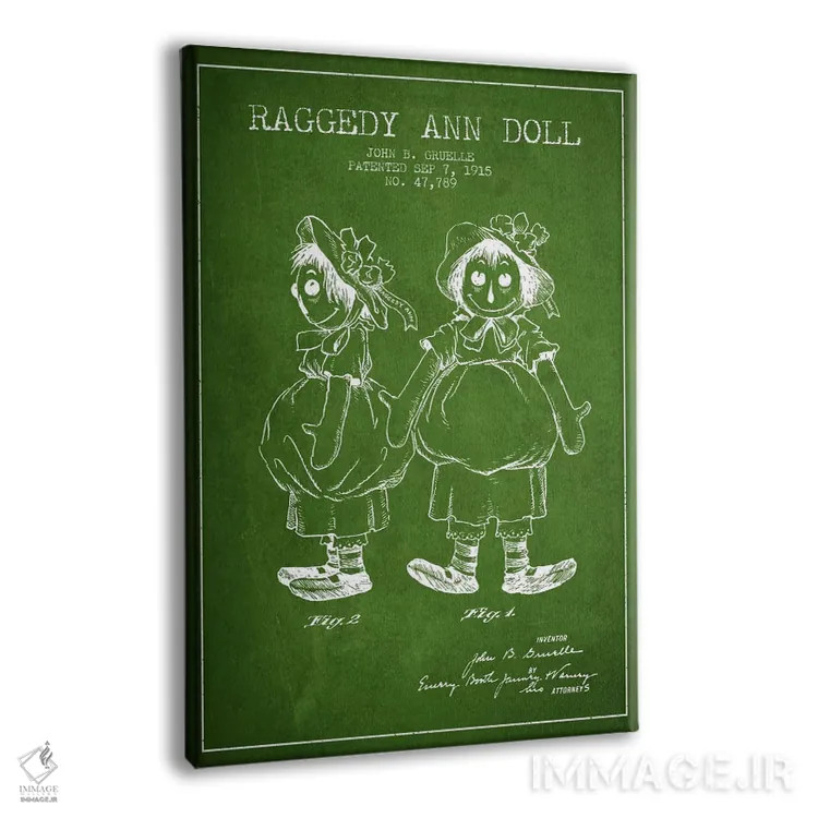 تابلو نقشهٔ ثبت اختراع عروسک رگدی آن (سبز) اثر پیکسل کهنه (استودیو/نام هنری) - نمای پرسپکتیو محصول